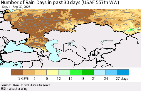 Russian Federation Number of Rain Days in past 30 days (USAF 557th WW) 09/30/2023 Thematic Map For 9/26/2023 - 9/30/2023