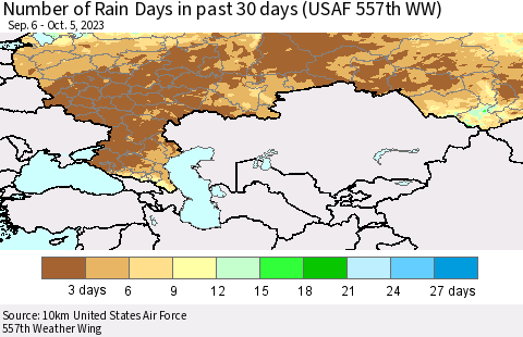 Russian Federation Number of Rain Days in past 30 days (USAF 557th WW) 10/05/2023 Thematic Map For 10/1/2023 - 10/5/2023