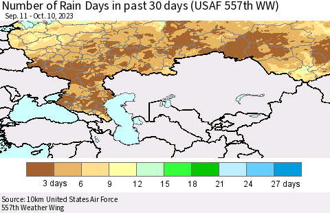 Russian Federation Number of Rain Days in past 30 days (USAF 557th WW) 10/10/2023 Thematic Map For 10/6/2023 - 10/10/2023