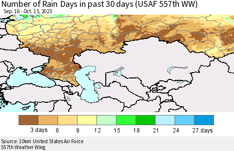 Russian Federation Number of Rain Days in past 30 days (USAF 557th WW) 10/15/2023 Thematic Map For 10/11/2023 - 10/15/2023