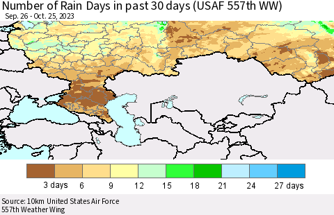 Russian Federation Number of Rain Days in past 30 days (USAF 557th WW) 10/25/2023 Thematic Map For 10/21/2023 - 10/25/2023