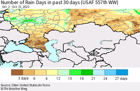 Russian Federation Number of Rain Days in past 30 days (USAF 557th WW) 10/31/2023 Thematic Map For 10/26/2023 - 10/31/2023