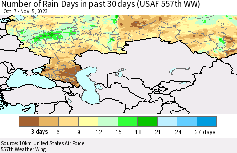 Russian Federation Number of Rain Days in past 30 days (USAF 557th WW) 11/05/2023 Thematic Map For 11/1/2023 - 11/5/2023