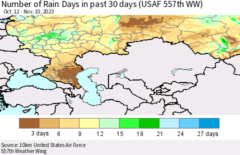 Russian Federation Number of Rain Days in past 30 days (USAF 557th WW) 11/10/2023 Thematic Map For 11/6/2023 - 11/10/2023