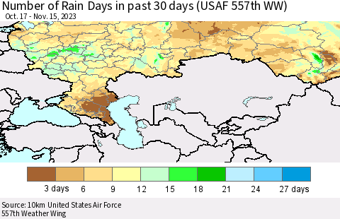 Russian Federation Number of Rain Days in past 30 days (USAF 557th WW) 11/15/2023 Thematic Map For 11/11/2023 - 11/15/2023