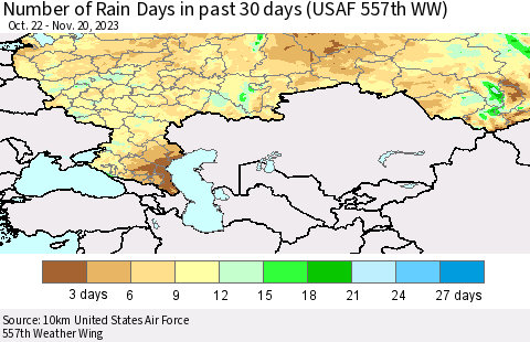 Russian Federation Number of Rain Days in past 30 days (USAF 557th WW) 11/20/2023 Thematic Map For 11/16/2023 - 11/20/2023