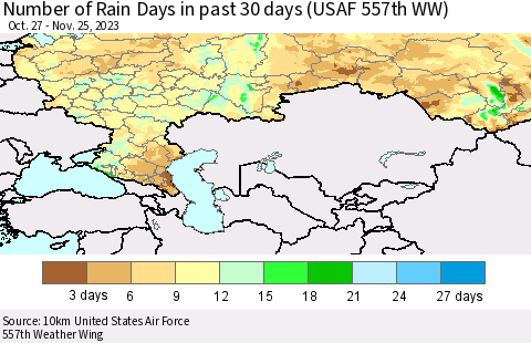 Russian Federation Number of Rain Days in past 30 days (USAF 557th WW) 11/25/2023 Thematic Map For 11/21/2023 - 11/25/2023