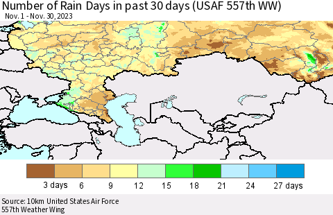 Russian Federation Number of Rain Days in past 30 days (USAF 557th WW) 11/30/2023 Thematic Map For 11/26/2023 - 11/30/2023