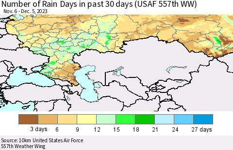 Russian Federation Number of Rain Days in past 30 days (USAF 557th WW) 12/05/2023 Thematic Map For 12/1/2023 - 12/5/2023