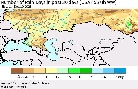 Russian Federation Number of Rain Days in past 30 days (USAF 557th WW) 12/10/2023 Thematic Map For 12/6/2023 - 12/10/2023