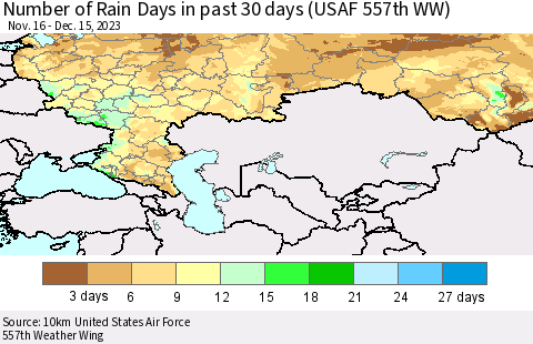 Russian Federation Number of Rain Days in past 30 days (USAF 557th WW) 12/15/2023 Thematic Map For 12/11/2023 - 12/15/2023