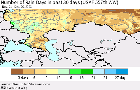 Russian Federation Number of Rain Days in past 30 days (USAF 557th WW) 12/20/2023 Thematic Map For 12/16/2023 - 12/20/2023