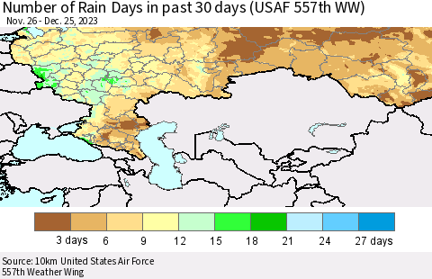 Russian Federation Number of Rain Days in past 30 days (USAF 557th WW) 12/25/2023 Thematic Map For 12/21/2023 - 12/25/2023