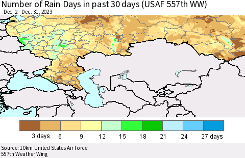 Russian Federation Number of Rain Days in past 30 days (USAF 557th WW) 12/31/2023 Thematic Map For 12/26/2023 - 12/31/2023