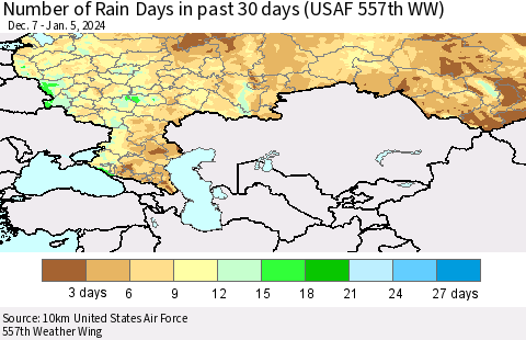 Russian Federation Number of Rain Days in past 30 days (USAF 557th WW) 01/05/2024 Thematic Map For 1/1/2024 - 1/5/2024