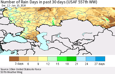 Russian Federation Number of Rain Days in past 30 days (USAF 557th WW) 01/10/2024 Thematic Map For 1/6/2024 - 1/10/2024