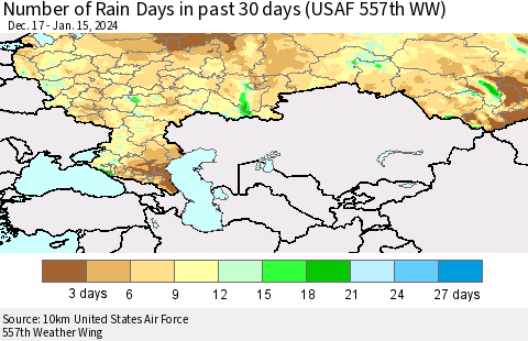 Russian Federation Number of Rain Days in past 30 days (USAF 557th WW) 01/15/2024 Thematic Map For 1/11/2024 - 1/15/2024