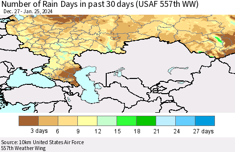 Russian Federation Number of Rain Days in past 30 days (USAF 557th WW) 01/25/2024 Thematic Map For 1/21/2024 - 1/25/2024