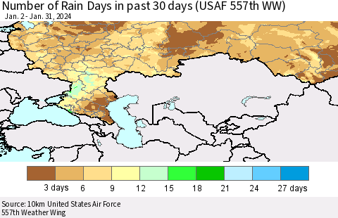Russian Federation Number of Rain Days in past 30 days (USAF 557th WW) 01/31/2024 Thematic Map For 1/26/2024 - 1/31/2024
