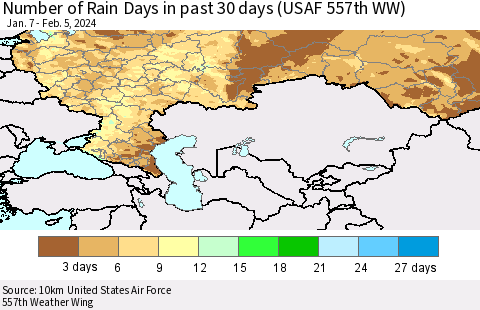 Russian Federation Number of Rain Days in past 30 days (USAF 557th WW) 02/05/2024 Thematic Map For 2/1/2024 - 2/5/2024