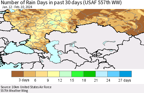 Russian Federation Number of Rain Days in past 30 days (USAF 557th WW) 02/10/2024 Thematic Map For 2/6/2024 - 2/10/2024