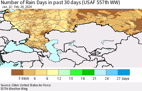 Russian Federation Number of Rain Days in past 30 days (USAF 557th WW) 02/20/2024 Thematic Map For 2/16/2024 - 2/20/2024