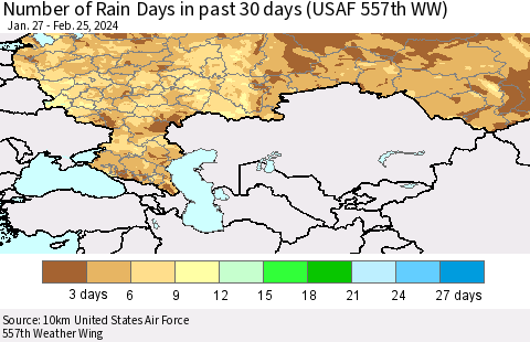 Russian Federation Number of Rain Days in past 30 days (USAF 557th WW) 02/25/2024 Thematic Map For 2/21/2024 - 2/25/2024