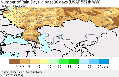 Russian Federation Number of Rain Days in past 30 days (USAF 557th WW) 02/29/2024 Thematic Map For 2/26/2024 - 2/29/2024