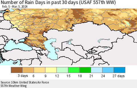 Russian Federation Number of Rain Days in past 30 days (USAF 557th WW) 03/05/2024 Thematic Map For 3/1/2024 - 3/5/2024