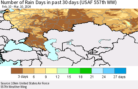 Russian Federation Number of Rain Days in past 30 days (USAF 557th WW) 03/10/2024 Thematic Map For 3/6/2024 - 3/10/2024