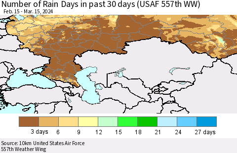 Russian Federation Number of Rain Days in past 30 days (USAF 557th WW) 03/15/2024 Thematic Map For 3/11/2024 - 3/15/2024