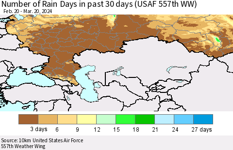 Russian Federation Number of Rain Days in past 30 days (USAF 557th WW) 03/20/2024 Thematic Map For 3/16/2024 - 3/20/2024