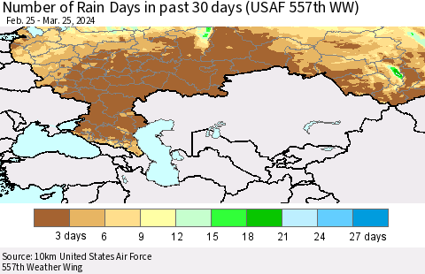 Russian Federation Number of Rain Days in past 30 days (USAF 557th WW) 03/25/2024 Thematic Map For 3/21/2024 - 3/25/2024