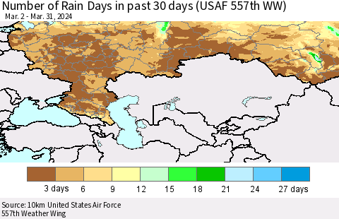 Russian Federation Number of Rain Days in past 30 days (USAF 557th WW) 03/31/2024 Thematic Map For 3/26/2024 - 3/31/2024