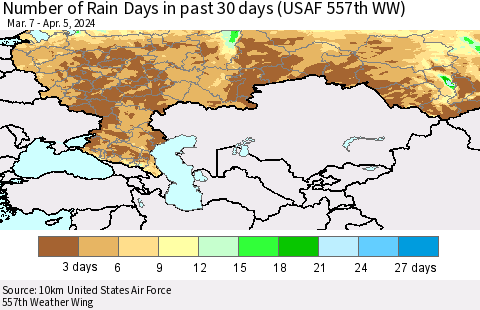 Russian Federation Number of Rain Days in past 30 days (USAF 557th WW) 04/05/2024 Thematic Map For 4/1/2024 - 4/5/2024
