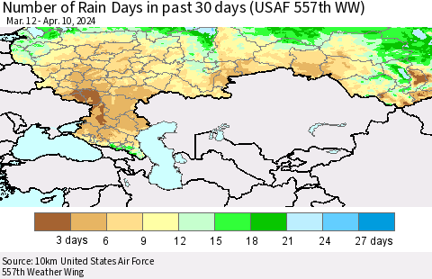 Russian Federation Number of Rain Days in past 30 days (USAF 557th WW) 04/10/2024 Thematic Map For 4/6/2024 - 4/10/2024