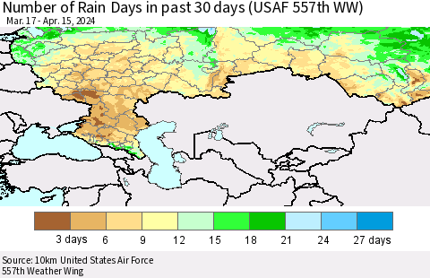 Russian Federation Number of Rain Days in past 30 days (USAF 557th WW) 04/15/2024 Thematic Map For 4/11/2024 - 4/15/2024