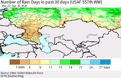Russian Federation Number of Rain Days in past 30 days (USAF 557th WW) 04/20/2024 Thematic Map For 4/16/2024 - 4/20/2024