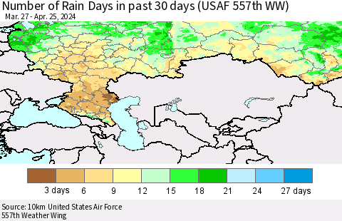 Russian Federation Number of Rain Days in past 30 days (USAF 557th WW) 04/25/2024 Thematic Map For 4/21/2024 - 4/25/2024