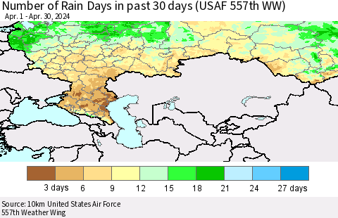 Russian Federation Number of Rain Days in past 30 days (USAF 557th WW) 04/30/2024 Thematic Map For 4/26/2024 - 4/30/2024