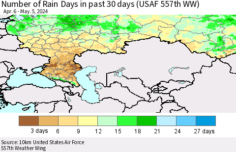 Russian Federation Number of Rain Days in past 30 days (USAF 557th WW) 05/05/2024 Thematic Map For 5/1/2024 - 5/5/2024