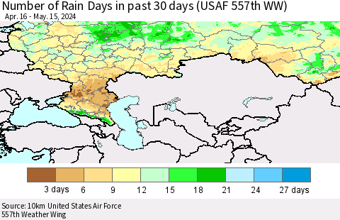 Russian Federation Number of Rain Days in past 30 days (USAF 557th WW) 05/15/2024 Thematic Map For 5/11/2024 - 5/15/2024