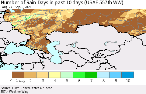 Russian Federation Number of Rain Days in past 10 days (USAF 557th WW) Thematic Map For 9/1/2021 - 9/5/2021
