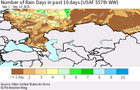 Russian Federation Number of Rain Days in past 10 days (USAF 557th WW) Thematic Map For 9/6/2021 - 9/10/2021