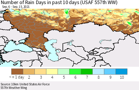 Russian Federation Number of Rain Days in past 10 days (USAF 557th WW) Thematic Map For 9/11/2021 - 9/15/2021