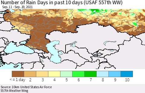 Russian Federation Number of Rain Days in past 10 days (USAF 557th WW) Thematic Map For 9/16/2021 - 9/20/2021