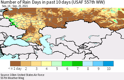 Russian Federation Number of Rain Days in past 10 days (USAF 557th WW) Thematic Map For 9/21/2021 - 9/25/2021