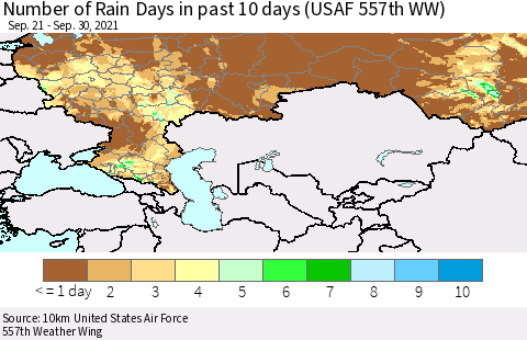 Russian Federation Number of Rain Days in past 10 days (USAF 557th WW) Thematic Map For 9/26/2021 - 9/30/2021