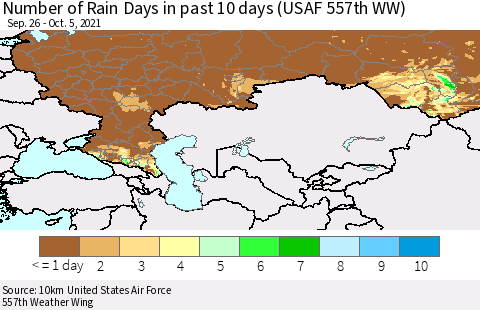 Russian Federation Number of Rain Days in past 10 days (USAF 557th WW) Thematic Map For 10/1/2021 - 10/5/2021