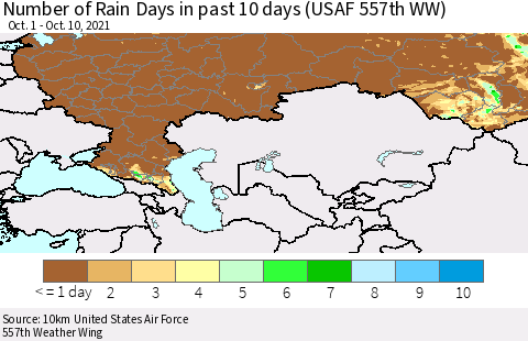 Russian Federation Number of Rain Days in past 10 days (USAF 557th WW) Thematic Map For 10/6/2021 - 10/10/2021